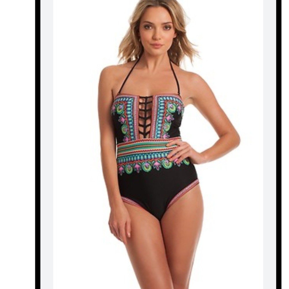 Trina Turk Women Black Moroccan Print Lace Up Halter One Piece Swimsuit Size 14